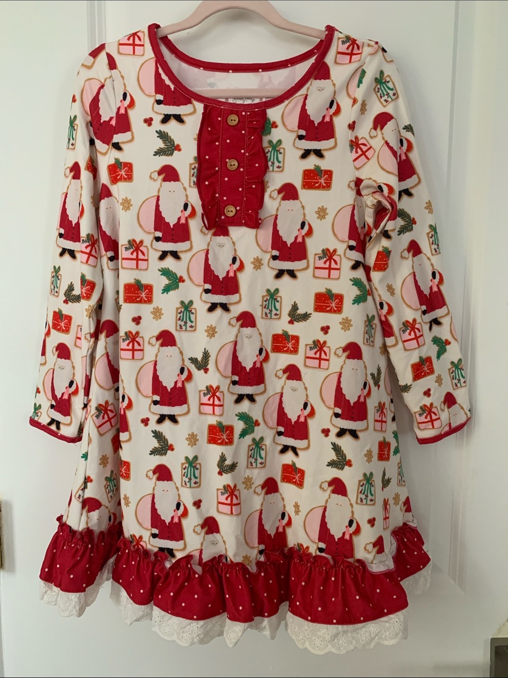 SweetHoney Cream and Red Santa Print Girls' Nightgown